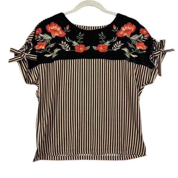 THML Tops - THML Floral Embroidered Striped Velour Tie Keyhole Sleeve Blouse Size Small